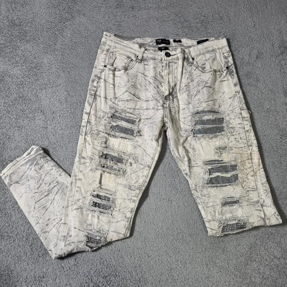 Waimea Mens 36 Skinny Fit Jeans Grey Acid Wash Distressed Rhinestone Streetwear